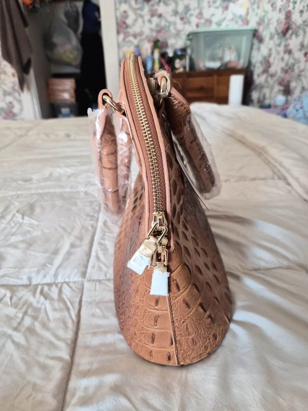 Structured Croc-Embossed Dome Satchel - Brown
